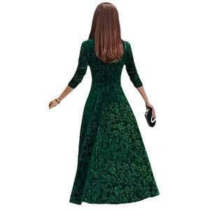 Womens FLAW Velvet Dress Size Large Emerald Green Midi Holiday Dark Romantic